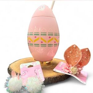 Pink Patterned Easter Tumbler with bunny ears and bunny 🐰 ears hair clips Bundle